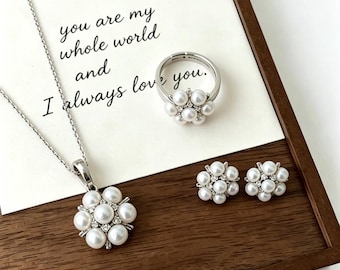Pearl Cluster Flower Jewelry Set, Elegant Floral Necklace Ring Earrings, Gift for Women