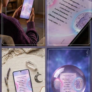 Puede incluir: Un calendario lunar digital para julio de 2026 mostrado en la pantalla de un teléfono inteligente. La pantalla presenta texto en español que enumera las fases lunares, incluyendo Gibosa Menguante, Cuarto Menguante, Luna Nueva, Cuarto Creciente, Gibossa Creciente y Luna Llena.