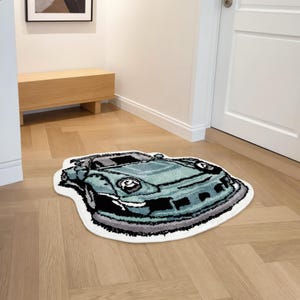 Green Porsche Sports Car Shaped Tufted Rug Irregular Non Slip Accent Floor Mat