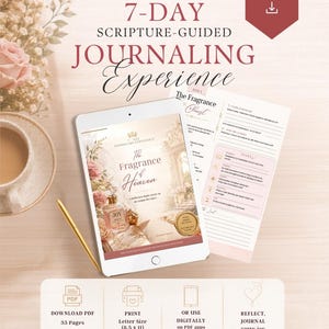 Op de afbeelding: Een digitale 7-daagse dagboekervaring met de titel The Fragrance of Heaven op een tabletscherm. De set bevat printbare pagina's met prompts, een gouden pen en een PDF-optie voor papier van 21,59 x 27,94 cm.