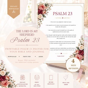 Pode incluir: Um documento digital imprimível com o texto do Salmo 23 em fonte serifada, decorado com arranjos florais em aquarela de rosas vermelhas, rosas e creme. O design inclui uma borda, cabeçalhos de texto e ícones para formatos de arquivo PDF e PNG.