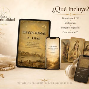 Puede incluir: Imagen de un conjunto devocional digital. Incluye una tableta y un teléfono inteligente que muestran contenido devocional, tarjetas de imágenes religiosas, auriculares y un rosario. El texto en la tableta dice "Devocional 21 Días".