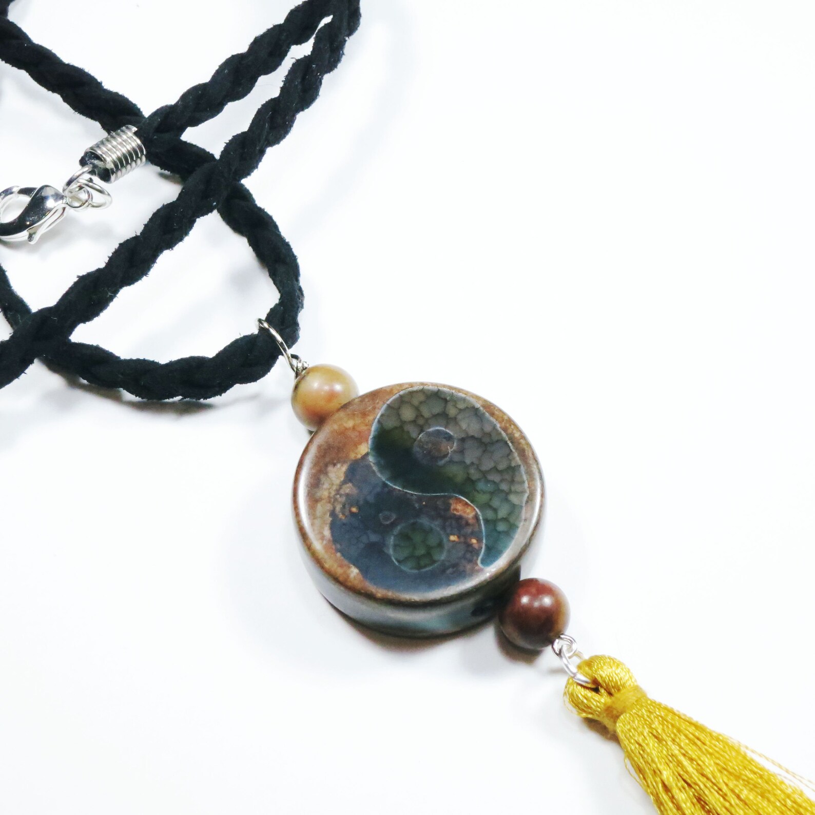 Yin Yang Pendant Necklace on Plaited Suede. Soft Brown Yellow Etsy