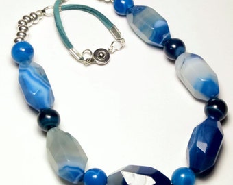 Blue gemstone necklace. Large faceted gemstone nuggets. Blue agate. Short length necklace. Blue Jewelry. Blue, grey, white gemstones. OOAK