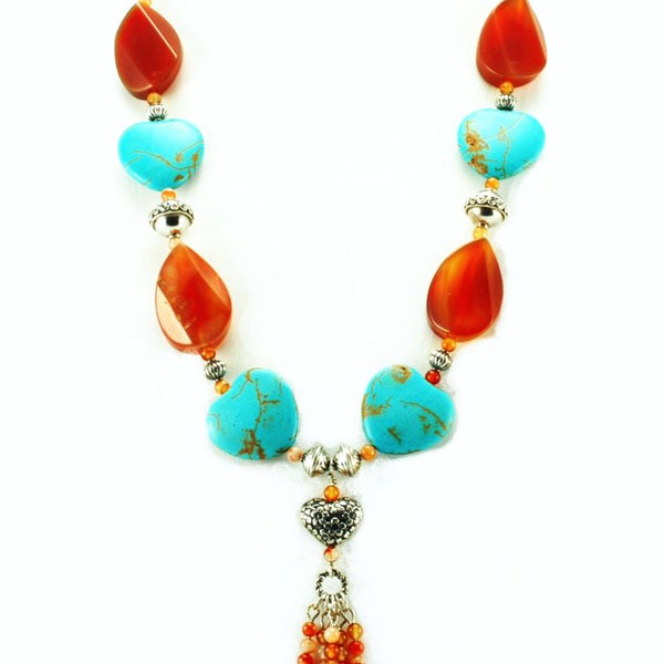 Necklace with large gemstone beads.  Carnelian, Turquoise and Sterling Silver. Burnt orange, aqua blue and silver beads with beaded tassel.