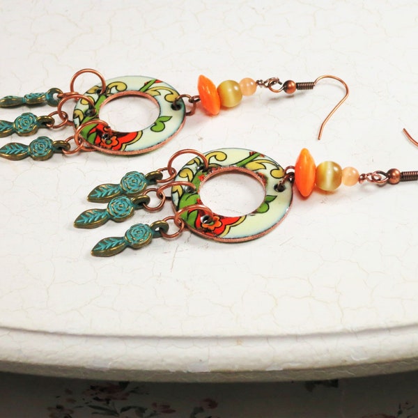 Boho gypsy dangle earrings enamel on copper.  Bright, vibrant enameled copper earrings with patina dangles.  Unique, artisan, handmade.