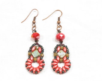 Handcrafted Czech Bead Earrings, Coral Red, Boho Drop, Copper Hooks
