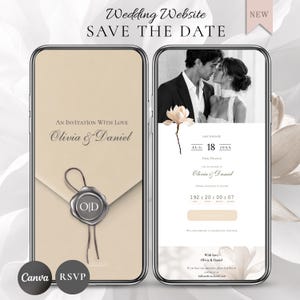 May include: Two smartphones displaying a digital wedding save the date website. The left screen shows a beige envelope with a wax seal featuring the initials OD. The right screen displays a black and white photo of a couple, a magnolia flower, and text.