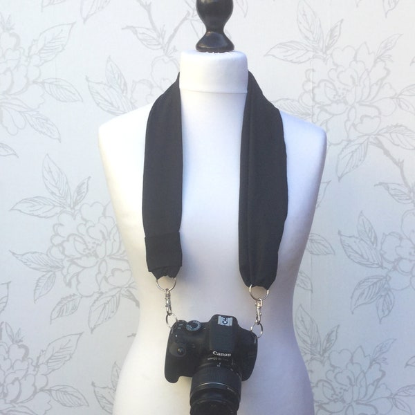 Black Scarf Camera Strap, Soft Cotton DSLR Camera Strap, Adjustable Camera Neckstrap, Photographer Gift, Camera Accessory, Gift for Him