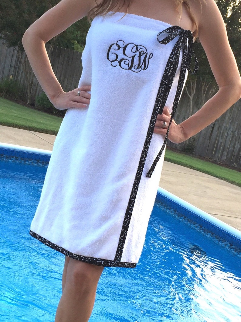 SPA WRAP/ Bath Wrap/ Towel Wrap/ Bridesmaid Gift with trim and ribbon/bow black and white Choose Your Own Colors Size XS,S,M or L image 1