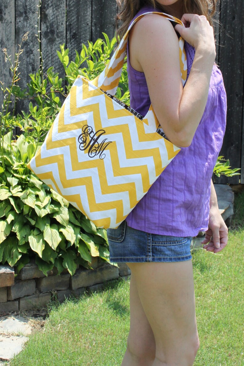 SMALL yellow and white CHEVRON stripe zigzag Handbag Diaper Bag Purse Tote Beach Bag