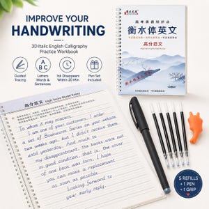May include: A 3D Italic English Calligraphy Practice Workbook with a spiral binding, featuring a landscape cover illustration. The set includes a black pen, five ink refills, and an orange pen grip, alongside a page showing handwritten English text.