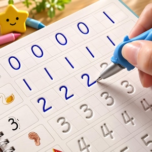 May include: A white practice workbook with embossed grooves for tracing numbers zero through five. The pages feature blue printed numbers, a small swan illustration, and a human ear icon. A blue pen with a dolphin-shaped grip is tracing the number two.
