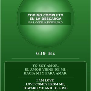 Puede incluir: Una tarjeta digital verde con el texto CHAKRA CORAZON HEART CHAKRA ANAHATA, un círculo central, el texto CODIGO COMPLETO EN LA DESCARGA FULL CODE IN DOWNLOAD, 639 Hz, afirmaciones en español e inglés, y GEOMETRIA SAGRADA SACRED GEOMETRY.