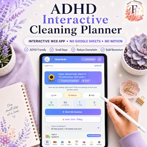 Puede incluir: Una aplicación web de planificación de limpieza interactiva para TDAH mostrada en una pantalla de tableta. La interfaz presenta un panel gamificado con selectores de energía y el texto ADHD Interactive Cleaning Planner.