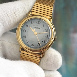 Orologio meccanico vintage Raketa anni '80 - Cassa sovietica color oro da 34 mm a carica manuale - Orologio da polso da uomo con data - Orologio URSS