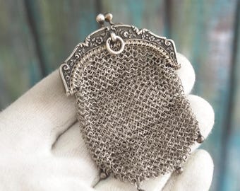 Antique Sterling Silver Chainmail Coin Purse – Ornate Floral Frame, Edwardian Mini Mesh Purse, Collectible Circa 1900s