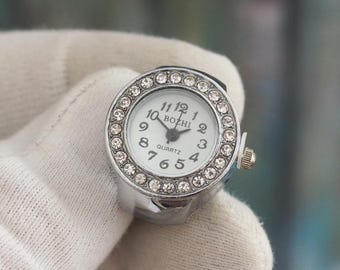 Quartz Ring Watch 21mm Case | Silver Tone Crystal Bezel | 13mm White Dial | Adjustable stretch band | New Battery | Women's Fashion Timepiece