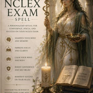 May include: A poster titled PASS YOUR NCLEX EXAM SPELL featuring a figure in a flowing gown holding a staff and bowl. The text lists benefits like sharpening memory and boosting confidence. An open book, a candle, and medical textbooks are visible.