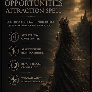 May include: A dark-themed graphic featuring the text NEW OPPORTUNITIES ATTRACTION SPELL, OPEN DOORS. ATTRACT OPPORTUNITIES. STEP INTO WHAT'S MEANT FOR YOU, and a figure in a crown and flowing gown overlooking a castle under a bright moon.