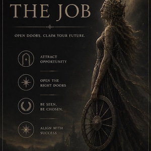 May include: A dark-toned poster titled MANIFEST THE JOB featuring a figure in a crown and gown holding a wheel. Text includes: OPEN DOORS. CLAIM YOUR FUTURE. ATTRACT OPPORTUNITY, OPEN THE RIGHT DOORS, BE SEEN. BE CHOSEN, ALIGN WITH SUCCESS, STEP INTO YOUR NEXT CHAPTER.