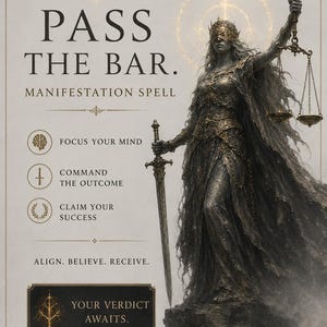 May include: An artistic poster with the text "PASS THE BAR. MANIFESTATION SPELL." A statue of a robed figure holding scales and a sword is on the right. The poster includes the phrases "FOCUS YOUR MIND", "COMMAND THE OUTCOME", and "CLAIM YOUR SUCCESS."
