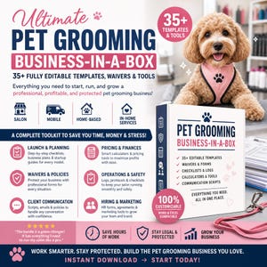 Peut inclure: Un kit d'outils numérique intitulé Ultimate Pet Grooming Business-in-a-Box comprenant plus de 35 modèles, formulaires et outils modifiables. L'image montre un chien brun avec un bandana rose, des icônes de services et des détails sur les ressources.