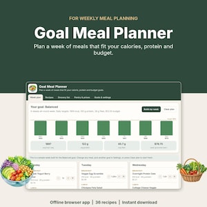 Application de planification des repas | Menu hebdomadaire avec objectifs caloriques, protéiques et budgétaires | Liste de courses | Téléchargement HTML hors ligne