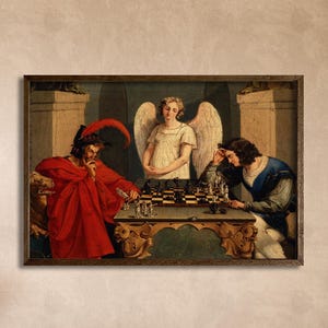 Faust and Mephistopheles Playing Chess Print, Dramatic Gothic Wall Art, Classic Literary Framed Canvas, Dark Academia Chess Room Decor
