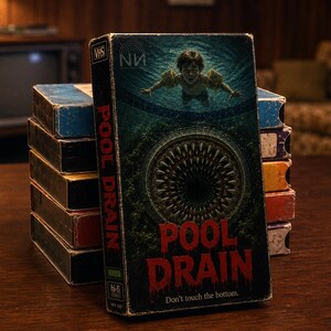 以下が含まれることがあります： Pool DrainというタイトルのVHSテープの山。カバーアートには、鋭い歯を持つ暗い円形の排水口の上を泳ぐ人物が描かれています。テキストにはPool DrainとDon't touch the bottomと書かれています。ケースは黒い背景です。