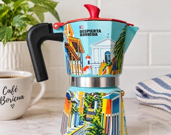 Puerto Rican 6 Cup Moka Pot, Hand Decorated Greca Coffee Maker, Boricua Kitchen Decor, Coffee Lover Gift