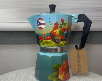 Hand Decorated 6 Cup Moka Pot (Greca) | Puerto Rican Art Coffee Maker | Personalized Kitchen Decor Gift (Text me for your name)