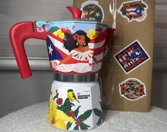 Puerto Rican 6 Cup Moka Pot, Hand Decorated Greca Coffee Maker, Boricua Kitchen Decor, Coffee Lover Gift