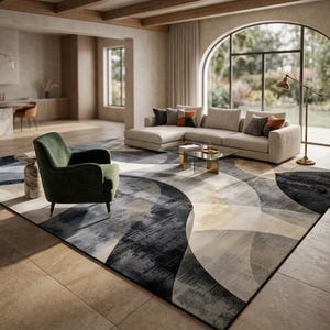 Può includere: Un grande tappeto caratterizzato da un audace motivo astratto di forme circolari sovrapposte in tonalità grigio antracite, nero, crema e beige. Il tappeto presenta una finitura testurizzata e vissuta che copre gran parte della superficie.