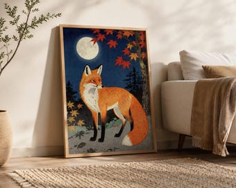 Könnte beinhalten: Ein gerahmter, rechteckiger Kunstdruck für die Wand, der einen leuchtend orangefarbenen Fuchs in einem nächtlichen Wald zeigt. Das Bild enthält einen großen Vollmond, einen dunkelblauen Himmel und rote Ahornblätter an einem Ast.