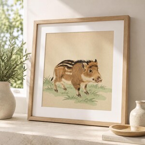 May include: A square framed wall art print featuring a detailed illustration of a young wild boar with brown fur and distinct light-colored stripes along its back, standing on a patch of green grass against a solid light beige background.