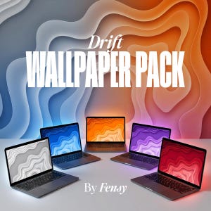 May include: A collection of five laptops displaying colorful abstract wallpapers. The laptops are arranged in a semi-circle, showcasing designs in shades of gray, blue, orange, purple, and red. The text "Drift WALLPAPER PACK" is displayed above the laptops, with "By Fensy" below.