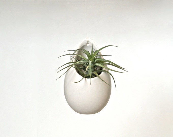 White Ceramic Hanging Planter, White Hanging Vase, White Ceramic Vase