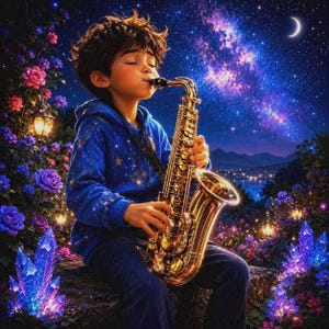 Puede incluir: Un niño de cabello oscuro con una sudadera azul con estrellas doradas toca un saxofón de latón. La escena ocurre de noche bajo un cielo galáctico púrpura y azul, con una luna creciente, flores rosas brillantes y cristales azules.