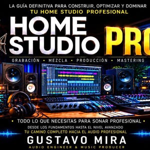 Puede incluir: Un gráfico digital para una guía de estudio en casa titulada HOME STUDIO PRO. Incluye un micrófono, monitores de estudio, un monitor de computadora con software de audio, un teclado y equipo de audio sobre un escritorio con texto en español.