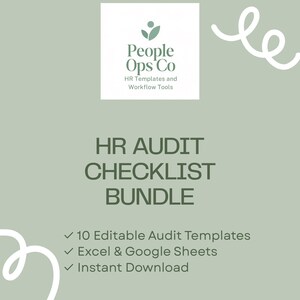 Op de afbeelding: Een saliegroene digitale afbeelding voor een HR-auditchecklistbundel. De tekst luidt People Ops Co HR Templates and Workflow Tools, HR AUDIT CHECKLIST BUNDLE, 10 Editable Audit Templates, Excel & Google Sheets, Instant Download.