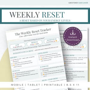 May include: A printable weekly reset tracker with a teal header that says "WEEKLY RESET". The tracker includes a "Tonight's Focus Menu" with tasks for the kitchen, bedroom, living room, bathroom, and laundry room. The size is 8.5 x 11 inches.