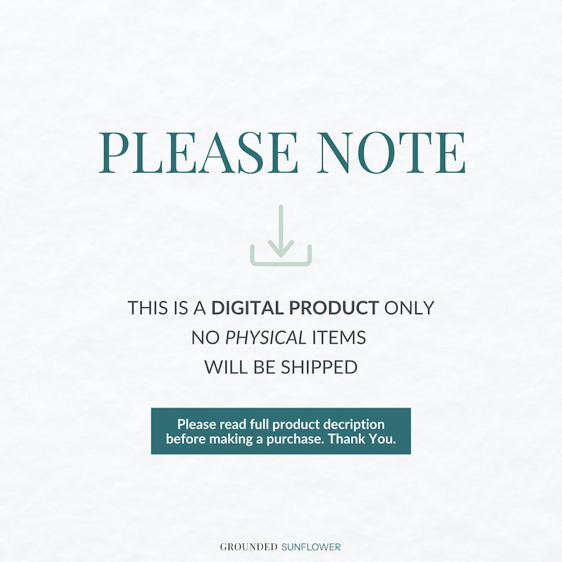 May include: A digital product notice with the text "PLEASE NOTE" in teal. Below, it states "THIS IS A DIGITAL PRODUCT ONLY NO PHYSICAL ITEMS WILL BE SHIPPED." A green box at the bottom says "Please read full product decription before making a purchase. Thank You."