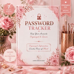 May include: A rectangular password tracker book with a pale pink cover featuring rose illustrations, a central padlock icon, and the text "PASSWORD TRACKER," "Keep Your Accounts Organized & Secure," and "Organized Information Creates Peace of Mind."