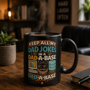Op de afbeelding: Een zwarte keramische mok met een grafische print met de tekst "KEEP ALL MY DAD JOKES IN A DAD-A-BASE". Het ontwerp bevat een computermonitor, een stapel gegevensschijven en een gestileerde illustratie van een bebaard gezicht met een zonnebril.