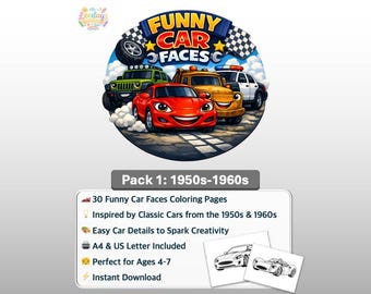 おもしろい車の顔の塗り絵 | 1950年代～1960年代のクラシックカー (PDFダウンロード)