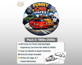 おもしろい車の顔ぬりえパック｜1990年代～2000年代の乗り物、対象年齢4～7歳（PDFダウンロード）