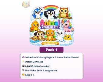 動物ぬりえキット｜100ページ、ステッカーシート6枚（デジタルダウンロード）