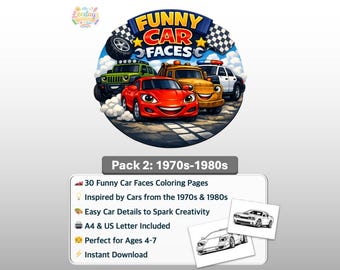 おもしろい車の顔の塗り絵 | 1970年代～1980年代の乗り物 (PDFダウンロード)
