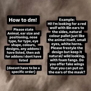 Puede incluir: Imagen con texto: "How to dm!" y una solicitud detallada de una m&aacute;scara de lobo personalizada, incluyendo el tama&ntilde;o de las orejas, el tipo de pelaje y las preferencias de dise&ntilde;o. El ejemplo especifica orejas de 20 cm.